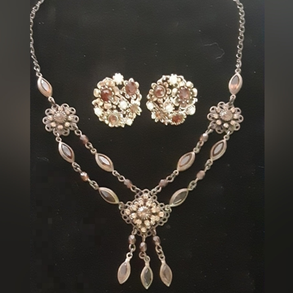 c1940 LISNER AMBER & PEARL DAISY EARRINGS w/AMBER DAISY SWAG COLLAR NECKLACE